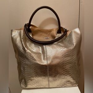 Neiman Marcus Gold Metallic Python Snakeskin Embossed Tote Bag